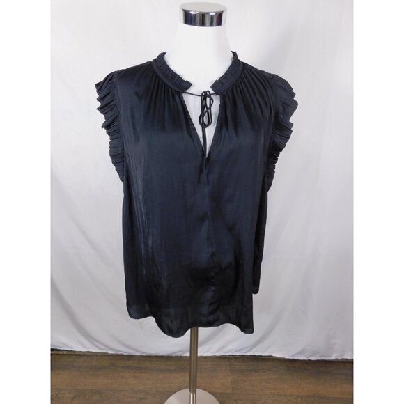 Current Air Blouse Womens XL Black Ruffle Flutter Sleeve Tie Neck Satin Pleated - Picture 1 of 12